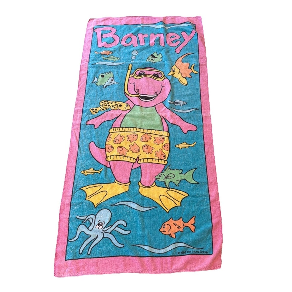 Vintage 1992 Barney the Dinosaur Beach Towel Snorkeling Under Sea Bibb Cotton